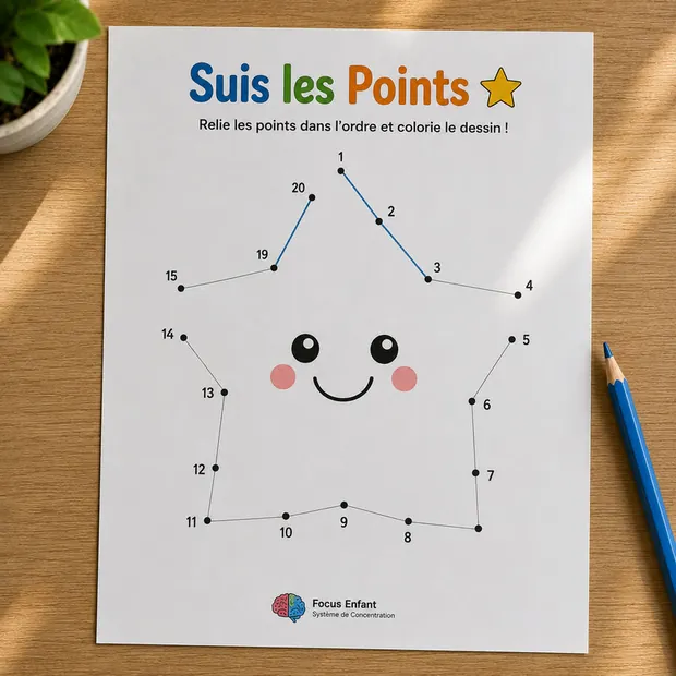 Fiche d'activité Suis les Points imprimable où l'enfant relie les points numérotés de 1 à 20 pour former une étoile souriante, pour la coordination œil-main