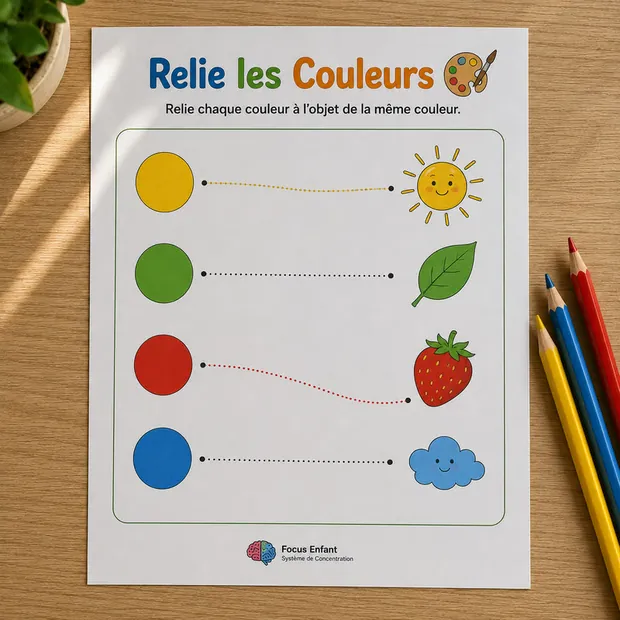 Fiche d'activité Relie les Couleurs imprimable où l'enfant relie chaque pastille de couleur à l'objet correspondant : soleil jaune, feuille verte, fraise rouge, nuage bleu