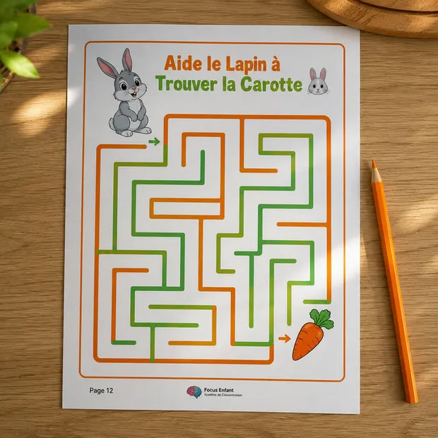 Fiche d'activité labyrinthe imprimable Aide le Lapin à Trouver la Carotte, posée sur une table en bois avec un crayon orange, pour entraîner la concentration et la planification