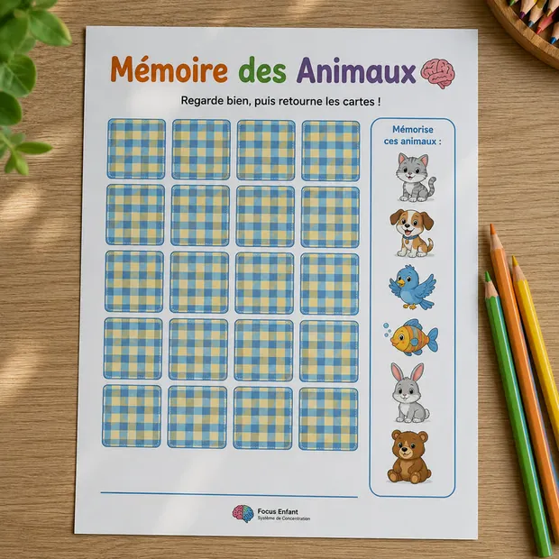 Fiche d'activité Mémoire des Animaux imprimable avec une grille de cartes à retourner et une colonne d'animaux à mémoriser (chat, chien, oiseau, poisson, lapin, ours)