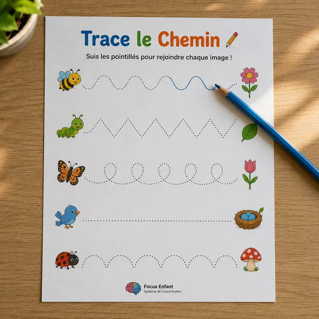 Fiche d'activité Trace le Chemin imprimable avec cinq lignes pointillées à suivre au crayon entre une abeille et une fleur, une chenille et une feuille, un papillon et une tulipe, pour la motricité fine