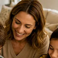 Portrait de Sandrine R., maman de deux enfants, souriante pendant une activité FocusEnfant à la maison