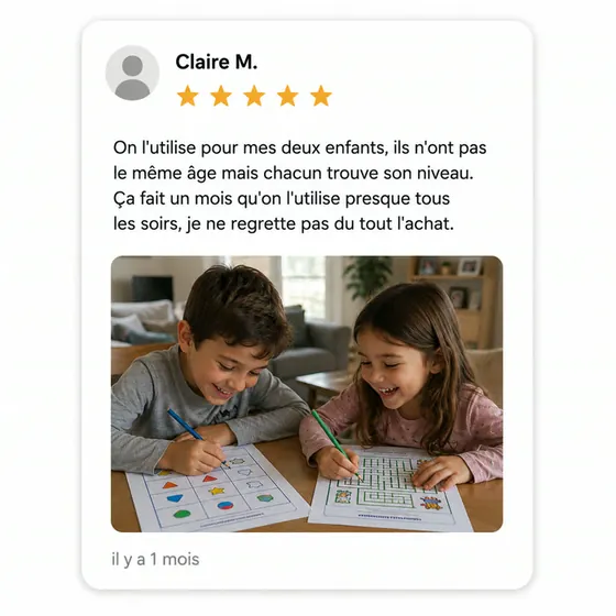 Avis 5 étoiles de Claire M. : On l'utilise pour mes deux enfants, ils n'ont pas le même âge mais chacun trouve son niveau. Ça fait un mois qu'on l'utilise presque tous les soirs, je ne regrette pas du tout l'achat. Photo de deux enfants qui rient en complétant leurs fiches côte à côte