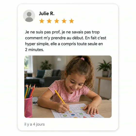 Avis 5 étoiles de Julie R. : Je ne suis pas prof, je ne savais pas trop comment m'y prendre au début. En fait c'est hyper simple, elle a compris toute seule en 2 minutes. Photo d'une petite fille souriante qui complète une fiche d'activité au crayon