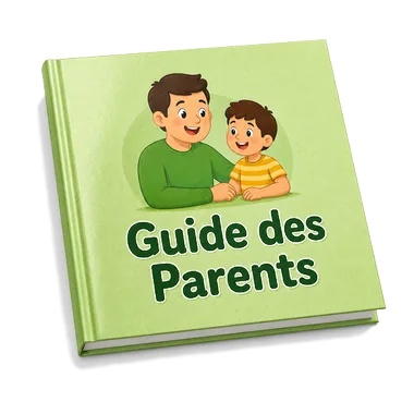 Couverture du bonus Guide des Parents : livre vert illustré d'un parent et de son enfant souriants