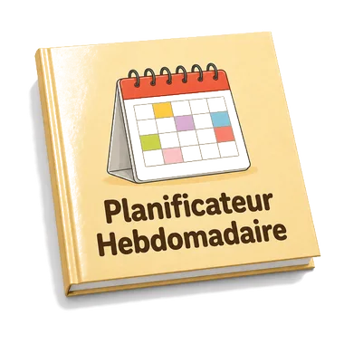 Couverture du bonus Planificateur Hebdomadaire : livre jaune illustré d'un calendrier de bureau coloré