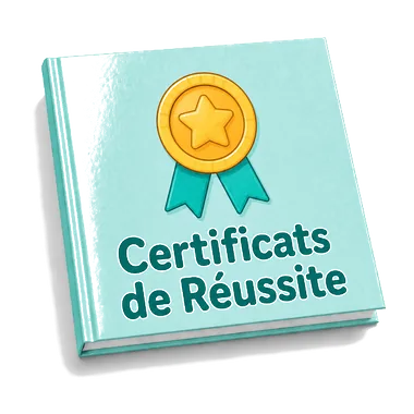 Couverture du bonus Certificats de Réussite : livre turquoise illustré d'une médaille dorée à étoile avec un ruban