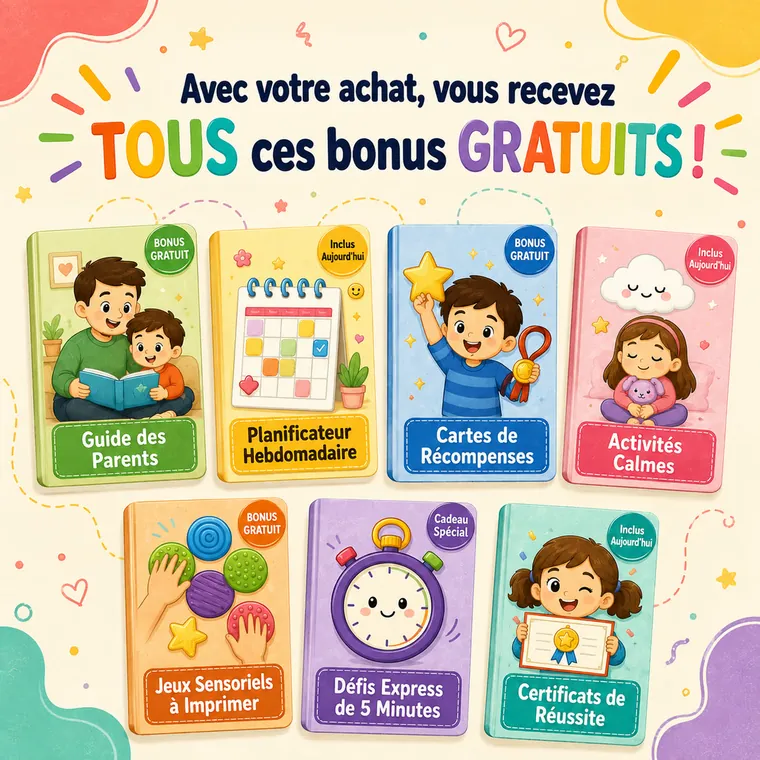 Avec votre achat, vous recevez tous ces bonus gratuits : les sept guides bonus illustrés (Guide des Parents, Planificateur Hebdomadaire, Cartes de Récompenses, Activités Calmes, Jeux Sensoriels à Imprimer, Défis Express de 5 Minutes, Certificats de Réussite), chacun marqué bonus gratuit, inclus aujourd'hui ou cadeau spécial