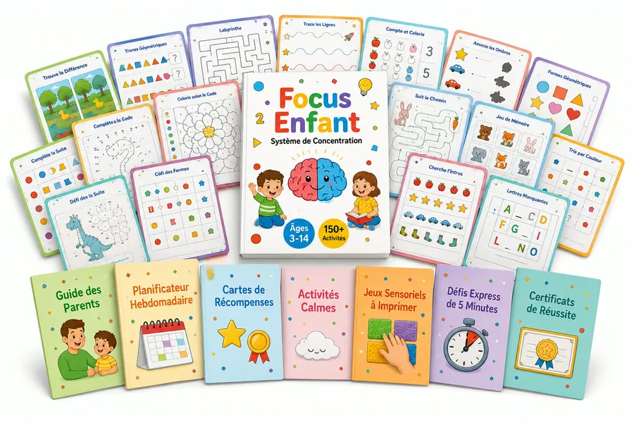 Tout ce qui est inclus : le classeur FocusEnfant Système de Concentration entouré des fiches d'activités imprimables et de l'ensemble des guides bonus (Guide des Parents, Planificateur Hebdomadaire, Cartes de Récompenses, Activités Calmes, Jeux Sensoriels à Imprimer, Défis Express de 5 Minutes, Certificats de Réussite)