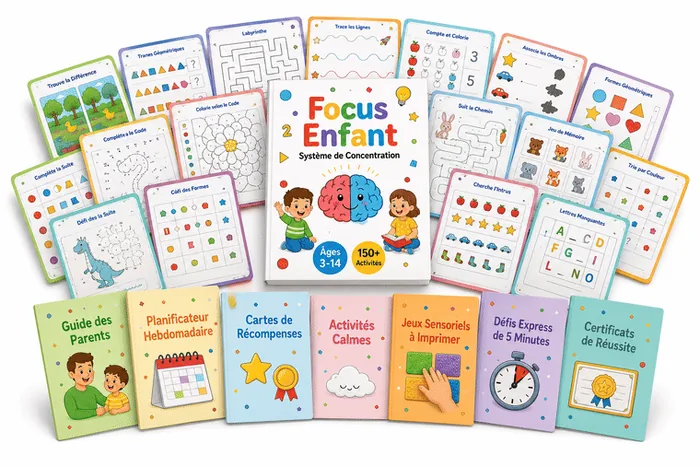 Le classeur FocusEnfant avec les fiches d'activités imprimables et les sept guides bonus : Guide des Parents, Planificateur Hebdomadaire, Cartes de Récompenses, Activités Calmes, Jeux Sensoriels, Défis Express et Certificats de Réussite