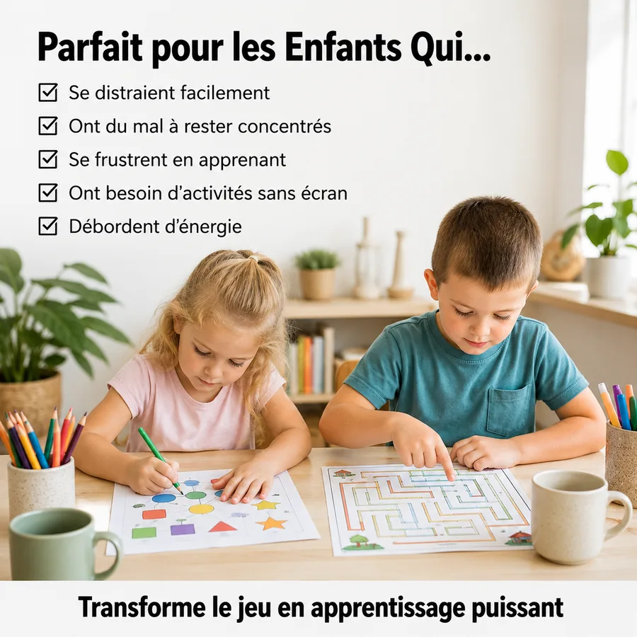 Parfait pour les enfants qui se distraient facilement, ont du mal à rester concentrés, se frustrent en apprenant, ont besoin d'activités sans écran ou débordent d'énergie : deux enfants attablés qui complètent calmement une fiche de formes et un labyrinthe imprimés. Transforme le jeu en apprentissage puissant