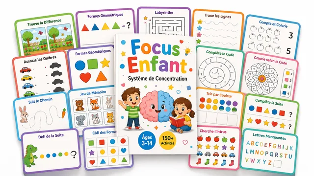 Le classeur FocusEnfant Système de Concentration entouré de quinze fiches d'activités imprimables, sans les bonus